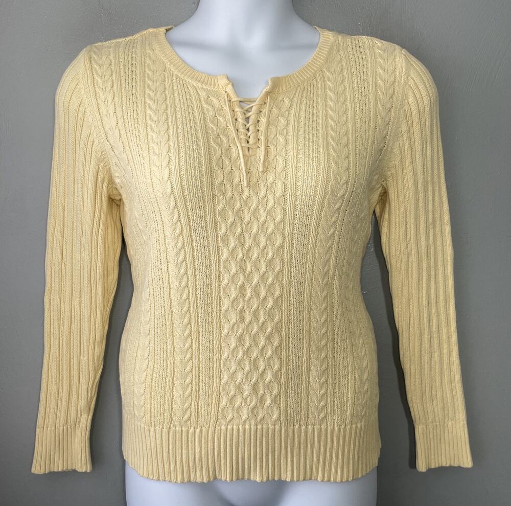 Preppy Cable Knit Sweater Size XL Yellow 100% Cotton Lace Up 90s Butter Mom